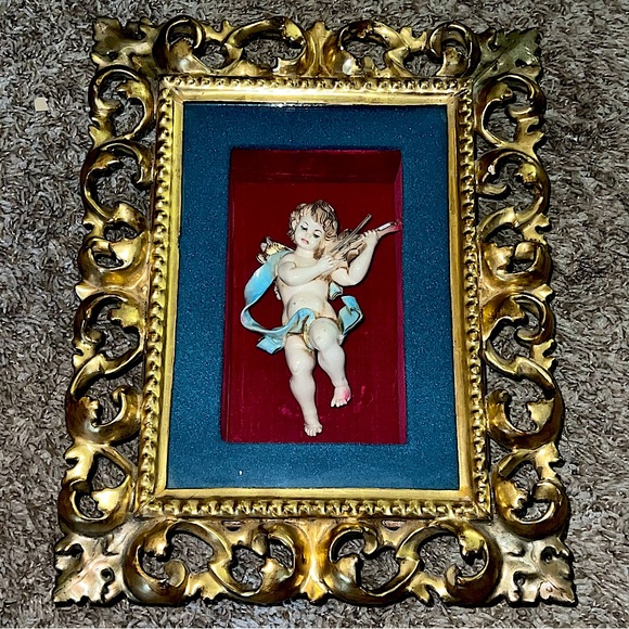 Vintage Other - Vintage Cherub Putto Angel Shadowbox Brass Colored Ornate Frame Red Velvet Back